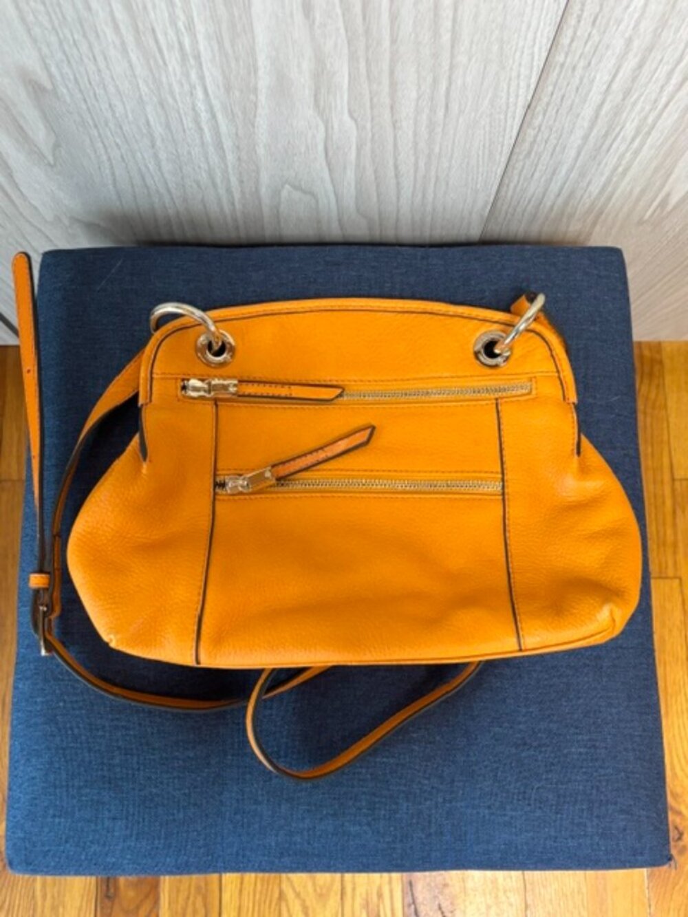 Makowsky Orange Pebbled Leather Satchel Crossbody Purse Silver Hardware 12" x 9"
